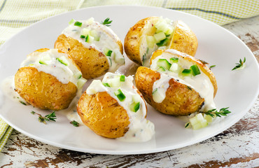 Baked potatoes on plate.