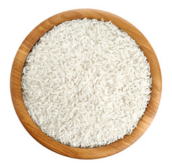Wooden bowl with rice isolated on white background.