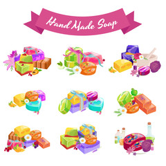 Fototapeta premium Homemade bars soaps, flowers and essential oil. vector icons set