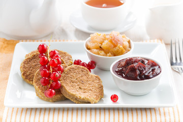 breakfast with homemade pancakes and jams
