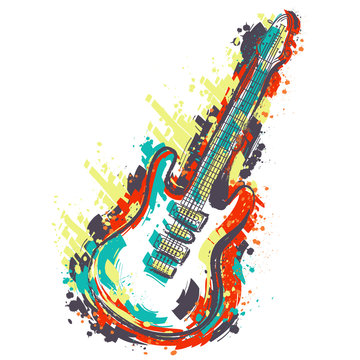 Electric guitar. Hand drawn grunge style art. Retro banner, card, t-shirt, bag, print, poster.Vintage colorful hand drawn vector illustration