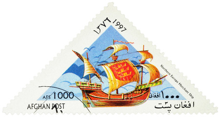 Ancient Northern merchant ship on postage stamp