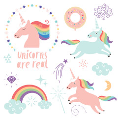 set of magic unicorns, rainbow, clouds, magic graphic elements
