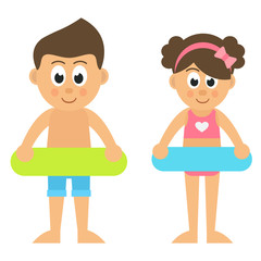 cartoon girl and boy with rubber ring