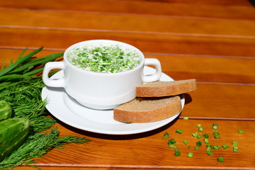 a traditional cold soup with fresh herbs and slices of black bread