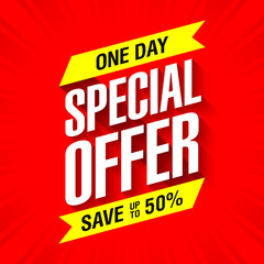 One day special offer sale banner. Save up to 50%.