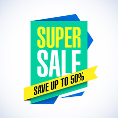 Super Sale banner. Save up to 50%. Marketing special offer. Sale sign, template, background.