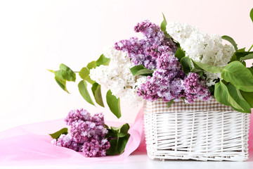 Blooming lilac flowers in the basket on pink background