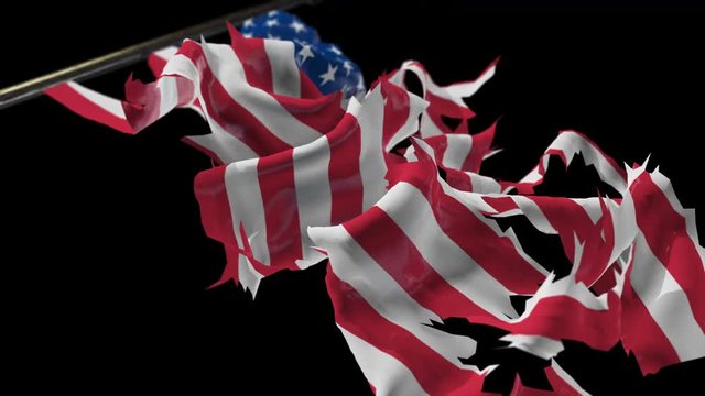 United States of America flag starting from flat to flying in the wind torn animated.