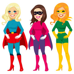 Three different women posing in superhero outfit ready for Halloween party © Kakigori Studio