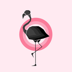 Obraz premium Geometric black flamingo in outlines in pink circles over a light pink background. Digital vector image.