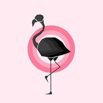 recommend clip art: Geometric black flamingo in outlines in pink circles over a light pink background. Digital vector image.