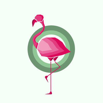 recommend clip art: Geometric pink flamingo in outlines in green circles over a light green background. Digital vector image.