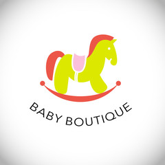 Vector simple flat kid logo. Baby, child company goods, toys shop, store, sweet shop, candy bar logo. Riding horse icon.