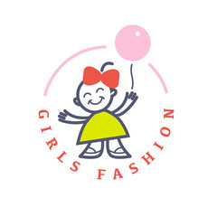 Vector simple flat kid logo. Baby, child company goods, toys shop, store. Human icon. Children icon, cute little smiling happy girl with bow and air balloon character isolated.
