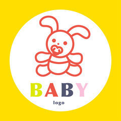 Vector simple flat kid logo. Baby, child company goods, toys shop, store. Cute bunny baby with pacifier, rabbit figure, hare icon, animal character