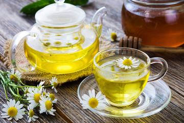 Chamomile tea on wooden background