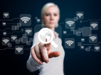 Social network Wifi business woman presses button magnifier search map