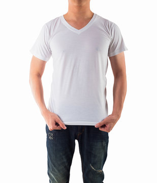 Young man with blank white shirt isolated white background, on f