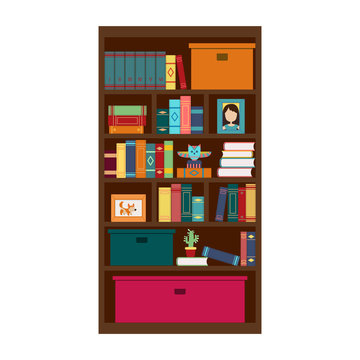 llustration with colorful books on bookshelves in flat design st
