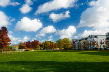 Fototapeta premium Park with green grass near the house in the Lubeck, Germany
