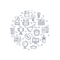 Illustration of symbols school objects and college items. Design