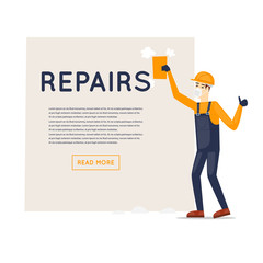 Worker polishing wall. Repair, construction, painting. Character. Flat style vector illustration.