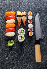 sushi menu . Sushi Set nigiri and sushi rolls, maki, wasabi.