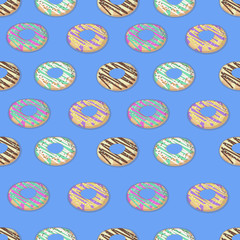 Seamless doughnut or donut pattern on blue backglound. Design for cards, menu, textile, fabric. Glazed sweets with chocolate, vanilla, strawberry and mint cream