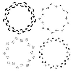 Vector set of footprint frames. Set of isolated barefoot, bird footprint, cat or dog footprint. Design for cards, brochure, booklet, banner, flier, website.