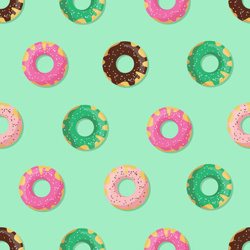 Seamless doughnut or donut pattern. Design for cards, menu, textile, fabric. Glazed sweets with chocolate, vanilla, strawberry and mint cream