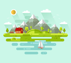 Flat design vector nature summer landscape illustration with house, bench, sun, hills, mountains, sailing boat, sea or ocean, clouds, trees.