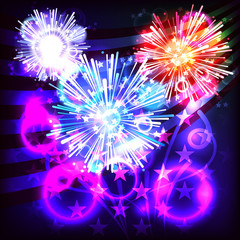 USA flag background. Fireworks in the night starry sky. Vector illustration.
