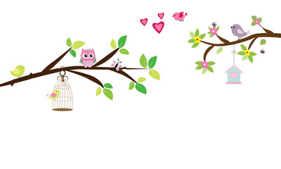 Rama de árbol con jaula y corazones.
