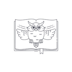 Wise owl opens the book. Vector linear illustration