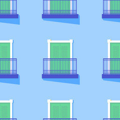 Seamless flat pattern with windows. Architectural summer south background with balconies vector background. Perfect for wallpapers, pattern fills, web page backgrounds, surface textures, textile