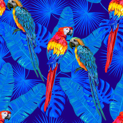 Fototapeta premium Seamless jungle tropical pattern with parrot exotic bird, palm leaves vector background perfect for wallpaper, pattern fills, web page background, surface textures, textile. Exotic pattern with parrot