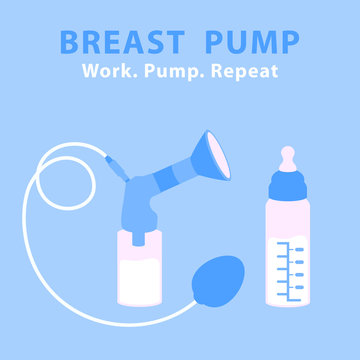 Breast pump to increase milk supply for breastfeeding mother and child feeding bottle with breast milk. Breastfeeding. Bottle for baby. Products for newborns babies. Work. Pump. Repeat. Flat vector