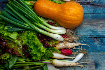 Fresh vegetables on wooden table