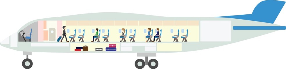 Passengers inside airplane on the flight vector. Airplane interior.
