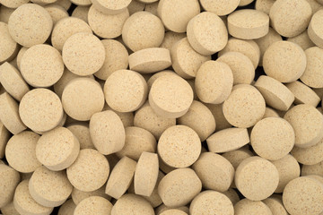 Close view of brewer’s yeast nutritional supplement tablets