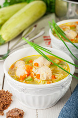 Summer Soup with Zucchini, Pasta and Meatballs