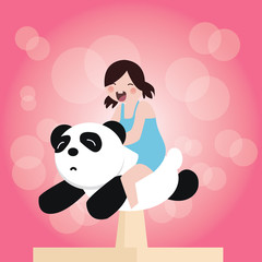 cute adorable little kids girls riding on top of toys panda happy fun smiling