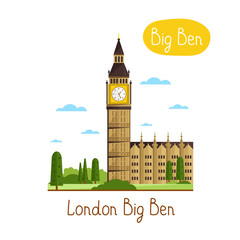 London Big Ben. Famous world landmarks icon concept. Journey around the world. Tourism and vacation theme. Modern design flat vector illustration.