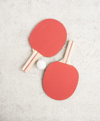Ping pong or table tennis paddles and ball. Sport equipment with tabletennis rackets for leisure activity. Concept of game, recreation and playing ping-pong. - 112205495