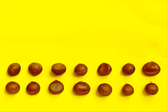 Chestnuts pattern on yellow background top view chestnut