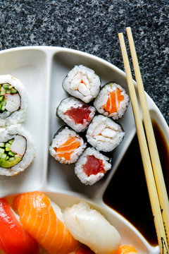 background for sushi restaurant. Sushi Set nigiri and sushi roll