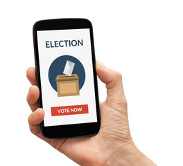 Hand holding smart phone with online voting concept on screen. Isolated on white background. All...