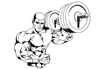 bodybuilder and barbell,illustration,logo,ink,black and white,outline,isolated on a white