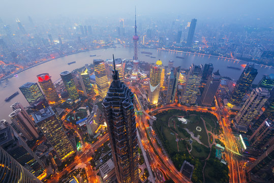  Elevated view of Lujiazui district in Shanghai, in Mao Tower in the foreground. Lujiazui has been developed specifically as a new financial district of Shanghai.